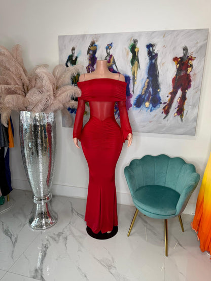 Scarlet Drape Mesh Ruched Maxi Dress Red