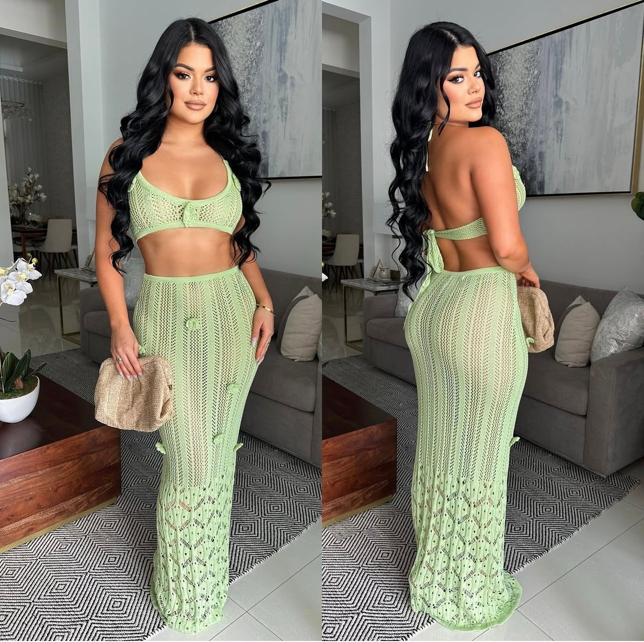 Rosé Knit Floral Crochet Skirt Set Green