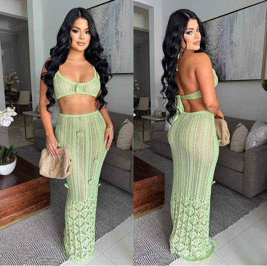 Rosé Knit Floral Crochet Skirt Set Green