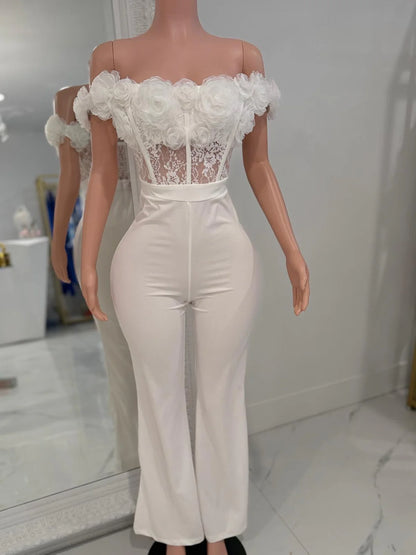 Rosette Lace Dream Floral Jumpsuit White