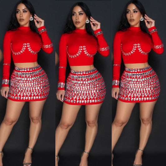 Rhinestones Skirt Set Red