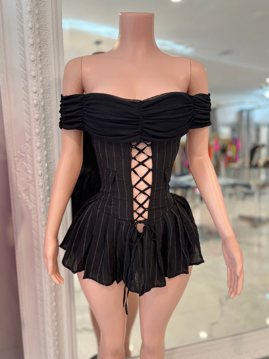 After Hours Mesh Stripes Ruched Romper Black