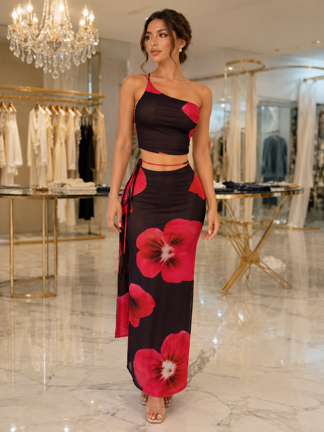 Hibiscus Heat Mesh Floral Skirt Set Red