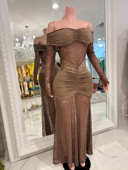 Elisa Lace Ruched Maxi Dress Brown