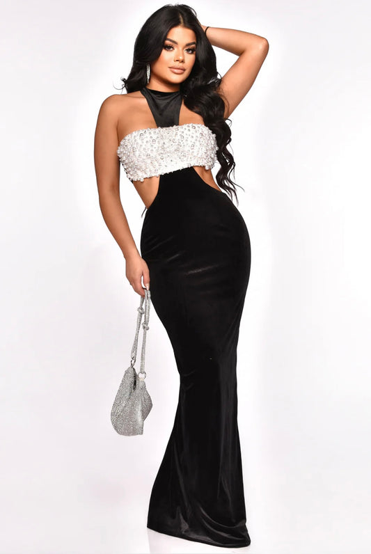 Mystic Pearls Velvet Maxi Dress Black