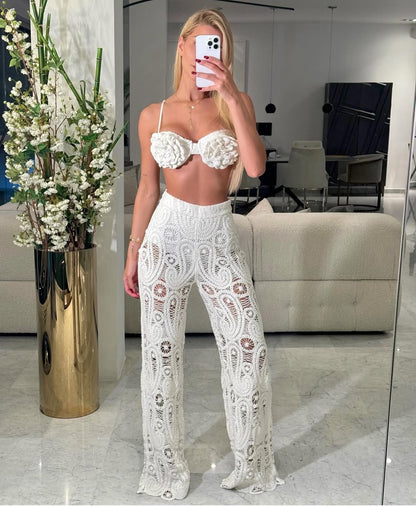 Jardin Grace Crochet Floral Pant Set White