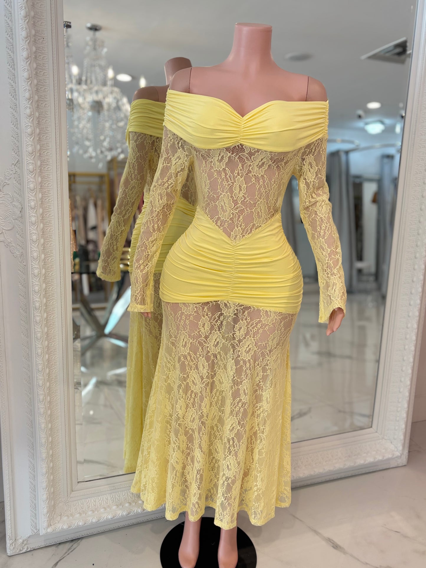 Elisa Lace Ruched Maxi Dress Hello