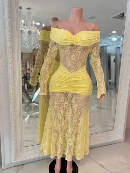 Elisa Lace Ruched Maxi Dress Hello