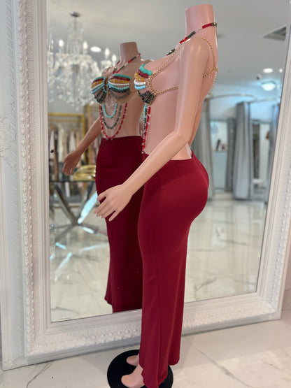 Cesy Chains Rhinestones Skirt Set Red