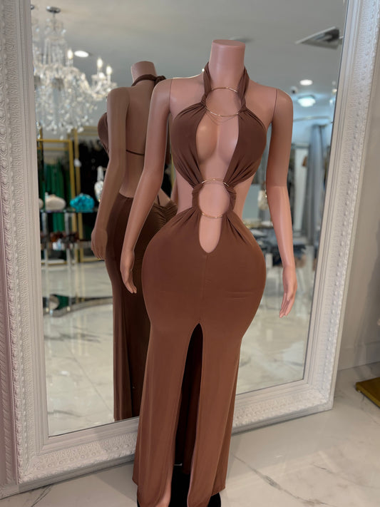 Dark Seduction Ruched Maxi Dress Brown