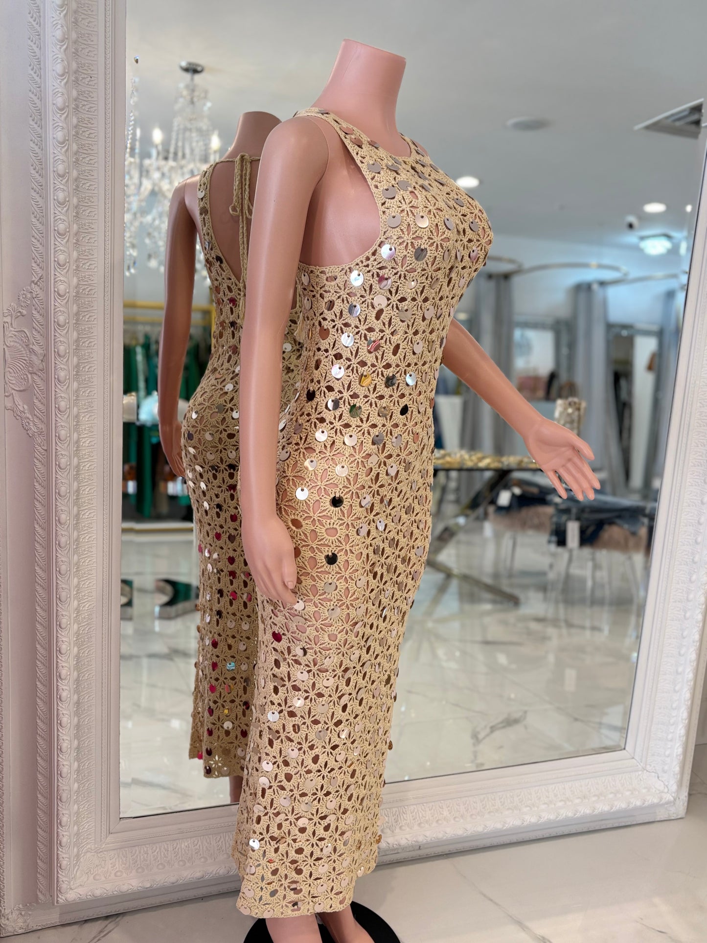 Floral Crochet Sequin Maxi Dress Nude