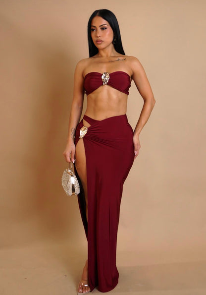 Rosette Mirage Ruched Skirt Set Red