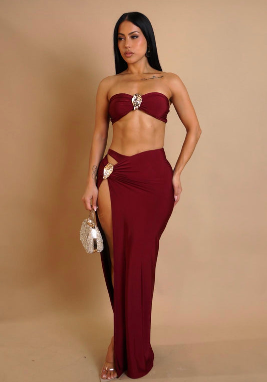 Rosette Mirage Ruched Skirt Set Red