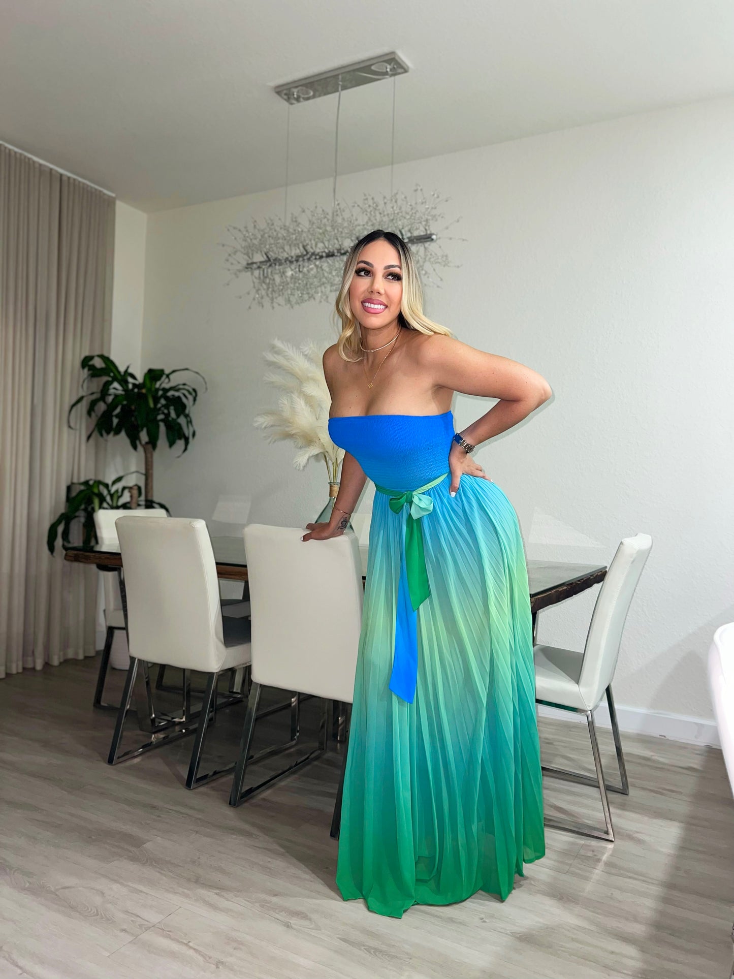 Saphira Blue Green Ombré Strapless Maxi Dress