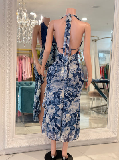 The Scarlet Bloom Ruched Lace Floral Maxi Dress Blue