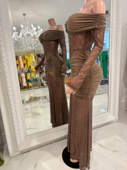 Elisa Lace Ruched Maxi Dress Brown