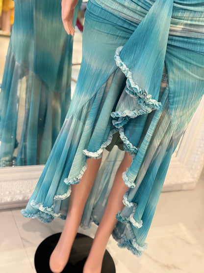 Diferente Mesh Ruched Maxi Dress Blue
