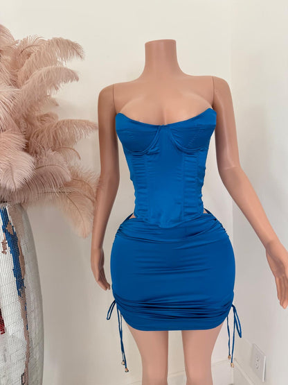 Aurora Luxe Satin Ruched Skirt Set Blue