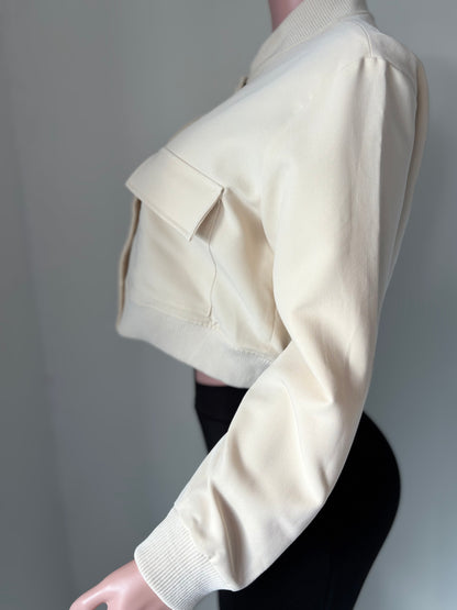 Cream Cropped Bomber Jacket