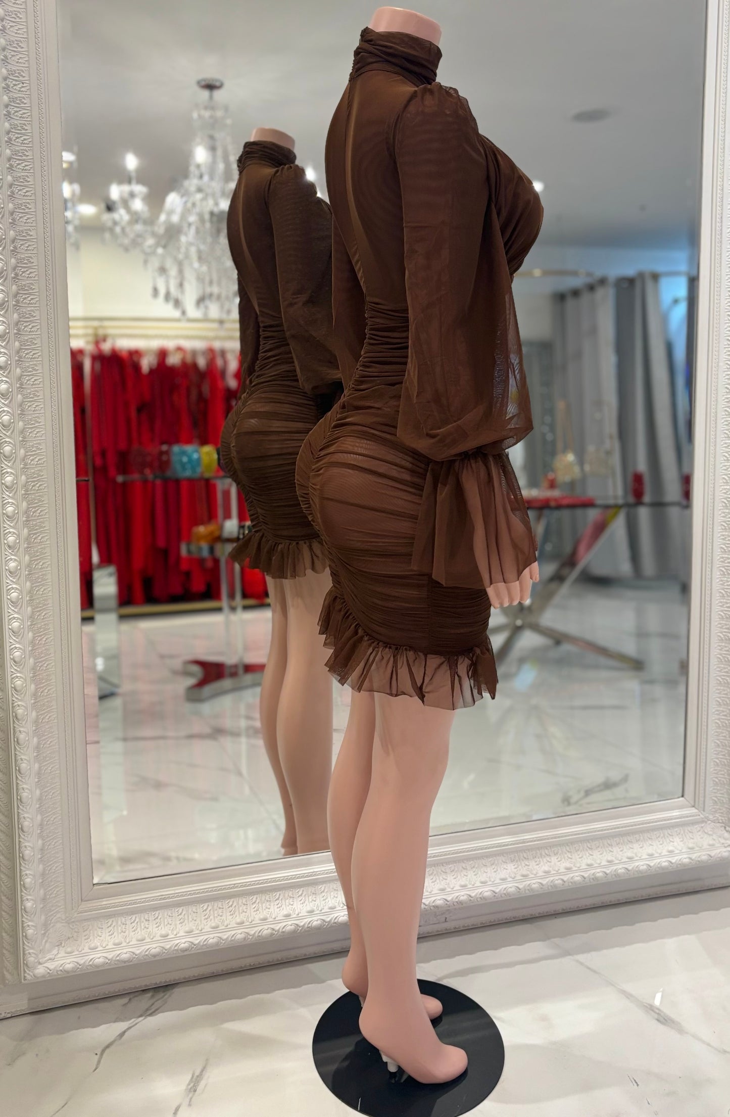 Thinkin About Us Mesh Ruched Mini Dress Brown