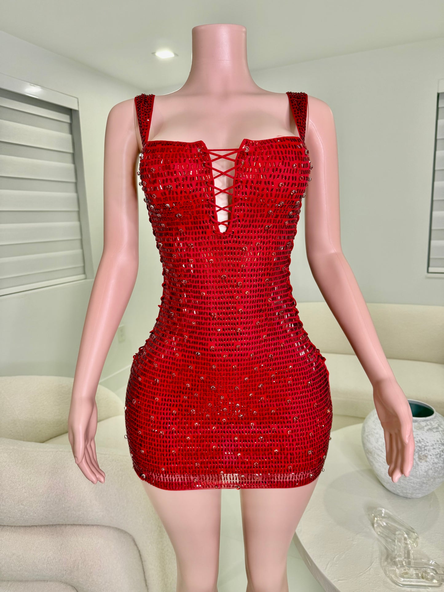 Queen Rhinestones Mini Dress Red