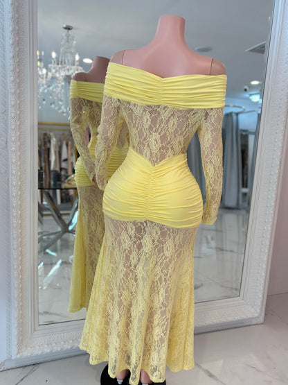 Elisa Lace Ruched Maxi Dress Hello