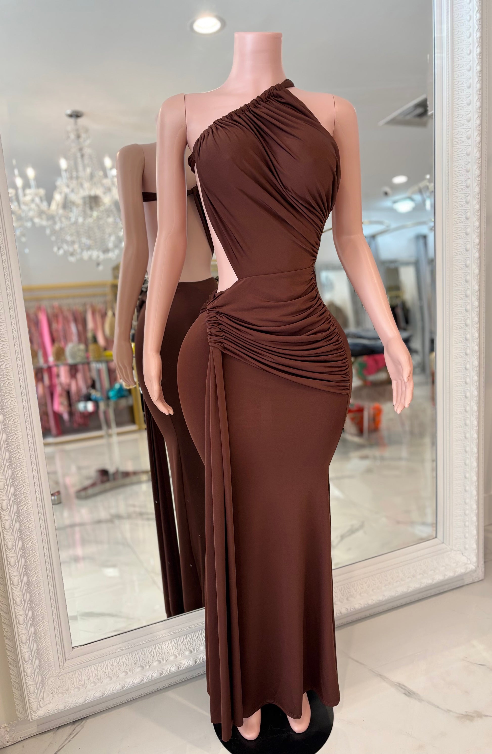 brown ruched maxi dress Vedette Brown Ruched Corset Maxi Dress (Without Gloves), M / Brown