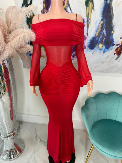 Scarlet Drape Mesh Ruched Maxi Dress Red