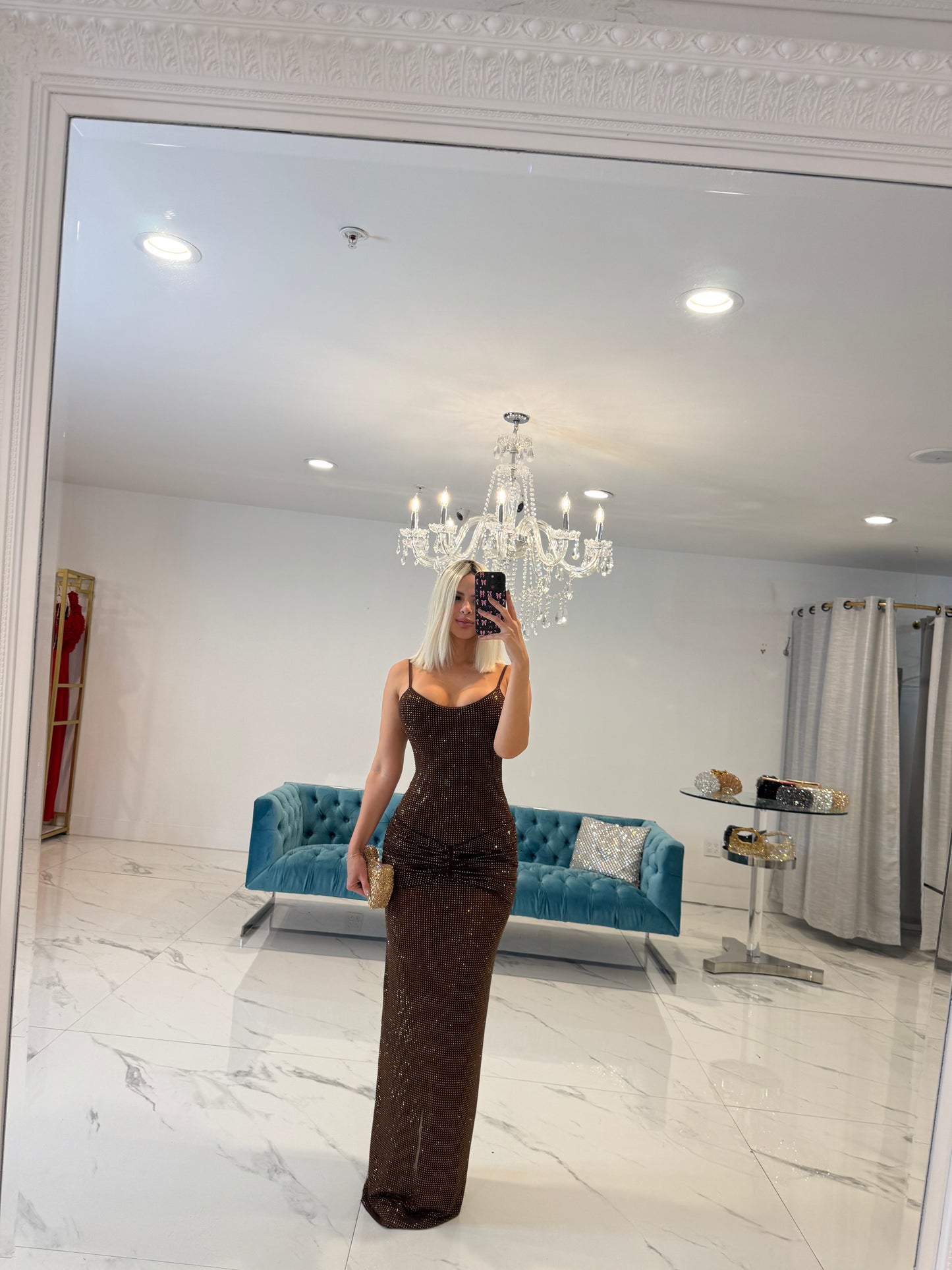 Goddess Sway Rhinestones Ruched Maxi Dress Brown