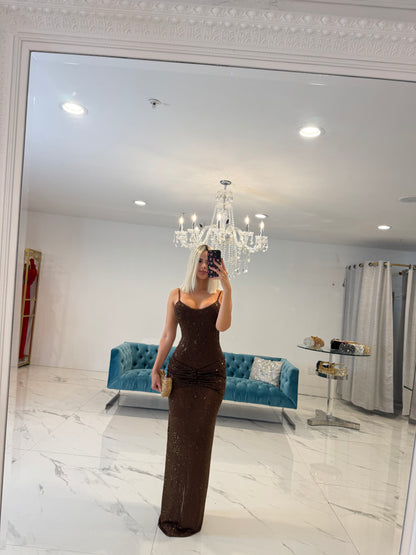 Goddess Sway Rhinestones Ruched Maxi Dress Brown