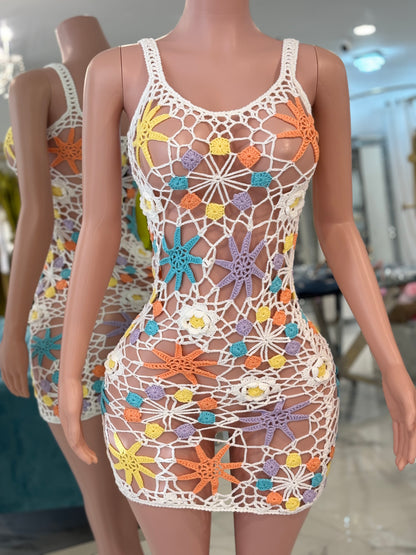Summer Crochet Floral Cover Up White