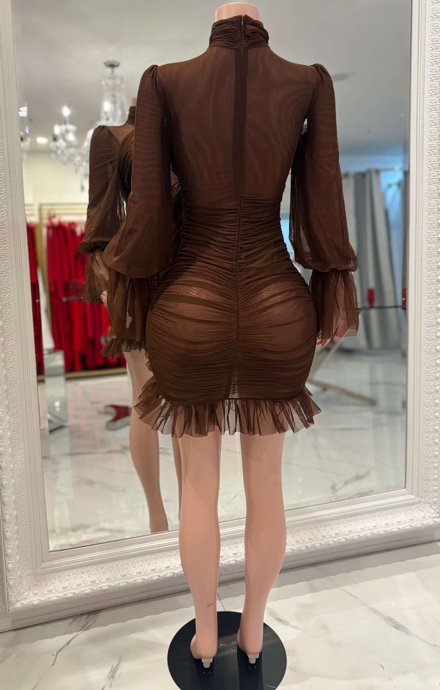 Thinkin About Us Mesh Ruched Mini Dress Brown