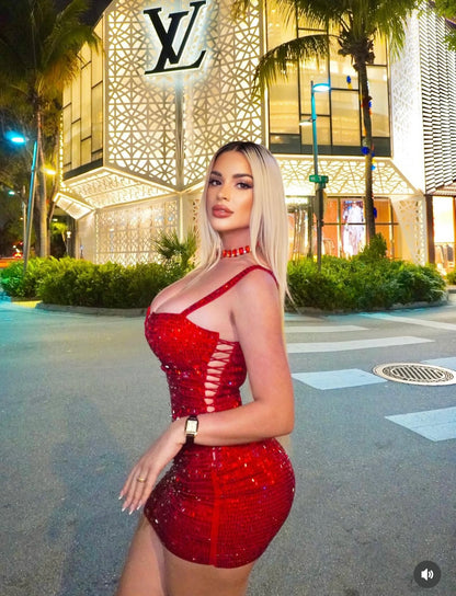 Queen Rhinestones Mini Dress Red