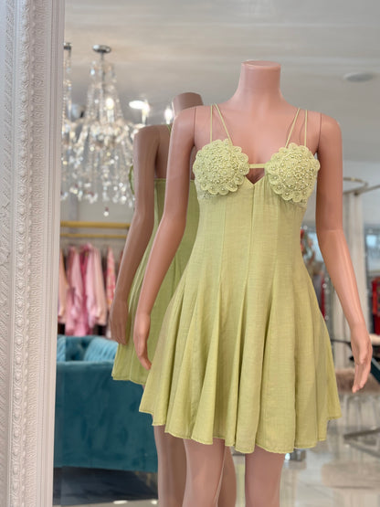 Conchas Lace Pearls Mini Dress Green