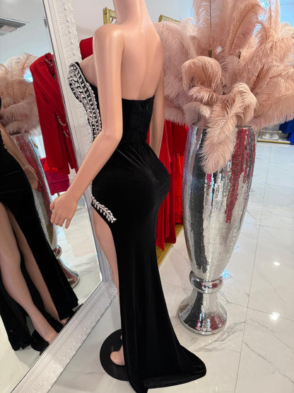 Obsidian Reverie Velvet Rhinestones Maxi Dress Black