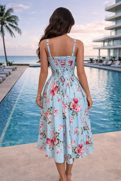 The Rosette Charm Floral Midi Dress Blue