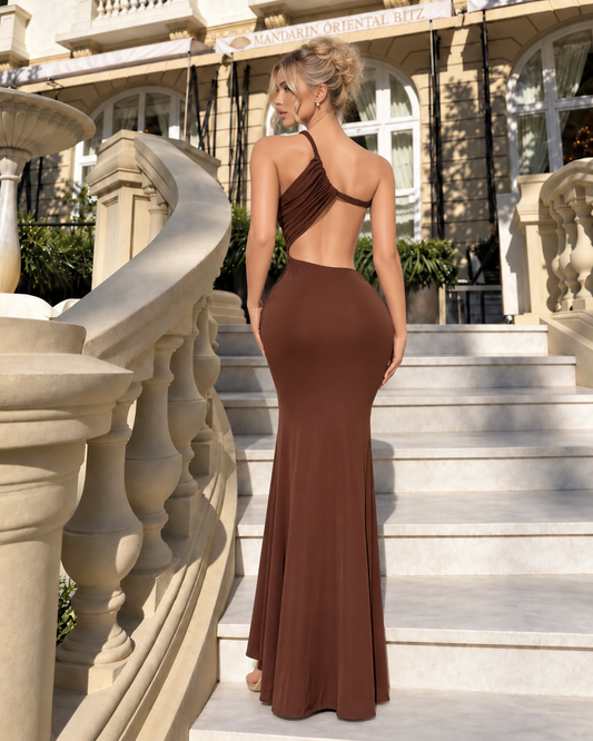 Glow Motion Ruched Maxi Dress Brown