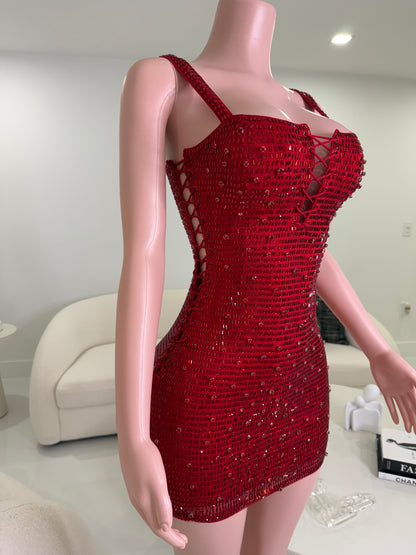Queen Rhinestones Mini Dress Red