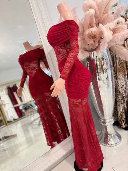 Mony Essence Lace Ruched Maxi Dress Red