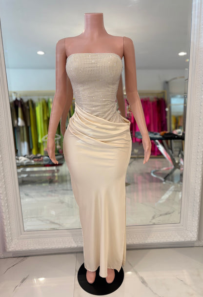 Lumina Drape Ruched Rhinestone Maxi Dress Nude