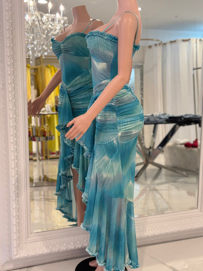 Diferente Mesh Ruched Maxi Dress Blue