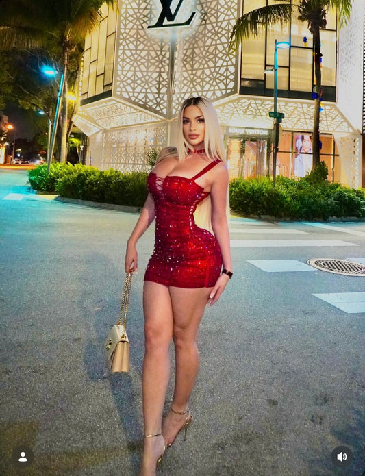 Queen Rhinestones Mini Dress Red