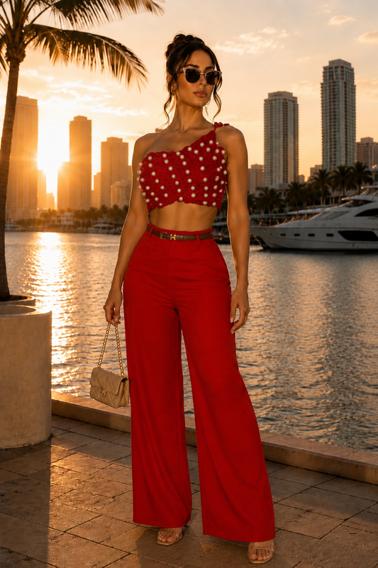 Luxe Loom Pearls Crochet Pant Set Red