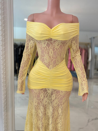 Elisa Lace Ruched Maxi Dress Hello