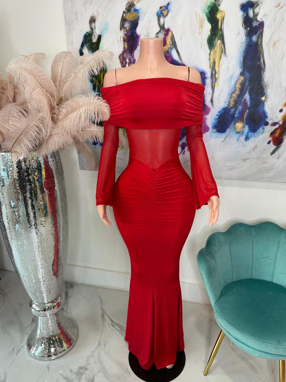 Scarlet Drape Mesh Ruched Maxi Dress Red