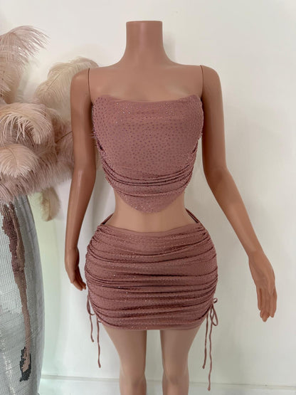 Deny Glow Ruched Rhinestones Skirt Set