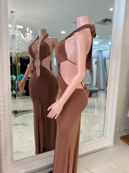Dark Seduction Ruched Maxi Dress Brown