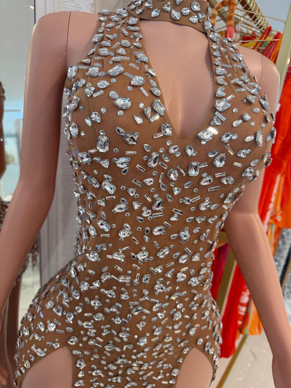 Prismatic Allure Rhinestone Mesh Mini Dress Nude