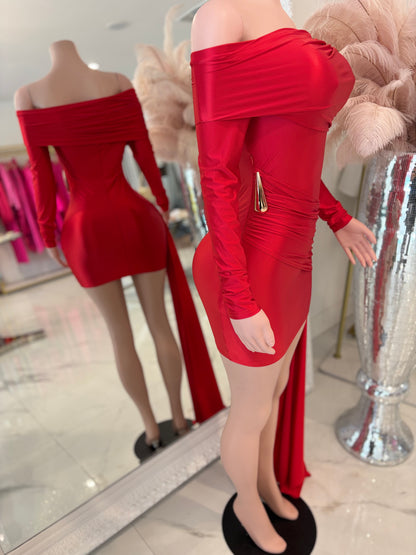 Velvet Ruched Mini Dress Red