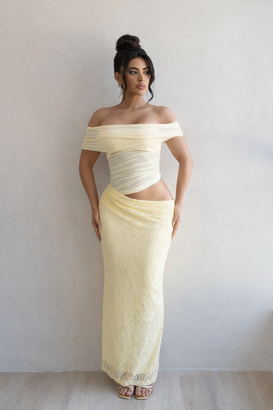 Atelier of Desire Lace Mesh Maxi Dress Yellow